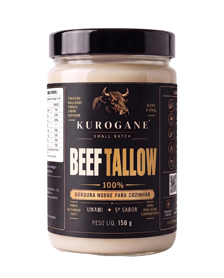 Pote de vidro Kurogane Beef Tallow 150g com a nova etiqueta preta e dourada